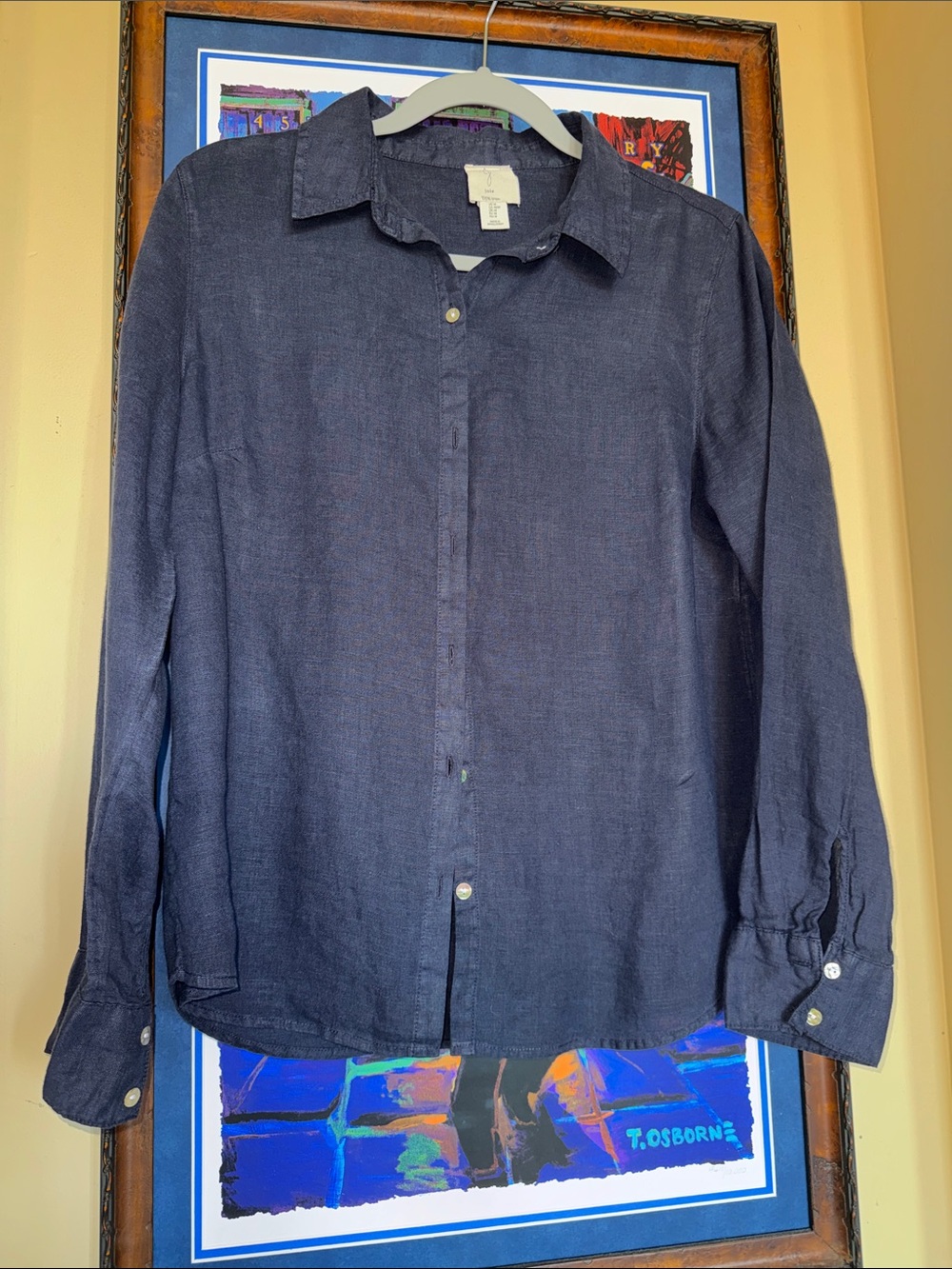 Women’s  Navy Button-Down Shirt - Classic Long Sleeve lightweight linen M